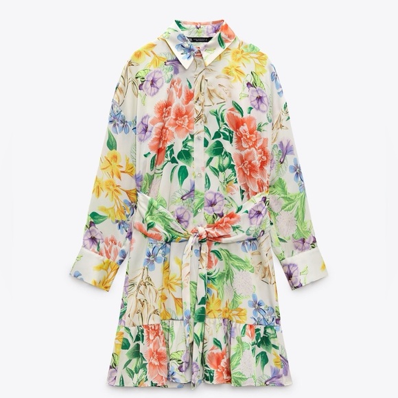 ZARA Long Sleeve Floral Button Down Dress with Front Tie Bow Satin Like Material - Picture 9 of 10